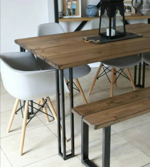 Handmade Industrial Dining Table & Bench Set, Redwood Pine, Steel Legs - image 1