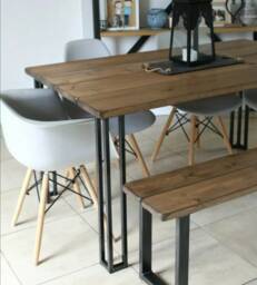 Handmade Industrial Dining Table & Bench Set, Redwood Pine, Steel Legs - thumbnail 1