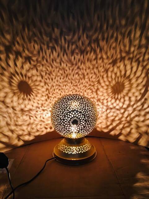 Handmade Moroccan Brass Table Lamp - Solid Ambient Light Boho Lighting Moorish Decor - image 1