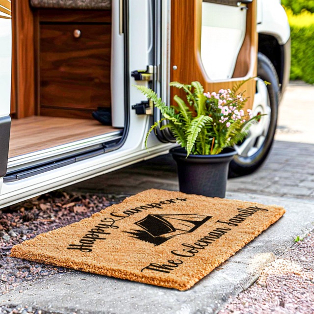 Personalized Tent Doormat - Camping Door Mat Happy Campers Family Name Travelling Camper Coir Rug - image 1