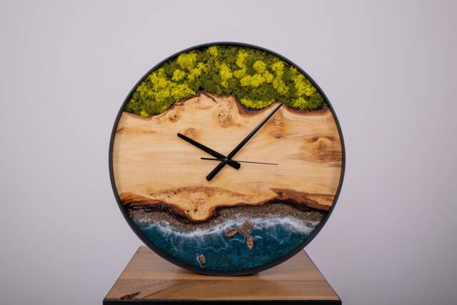 Wooden Wall Clock With Moss, Green Moss Scandinavian Home Decor, Resin Wood Art - image 1