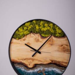Wooden Wall Clock With Moss, Green Moss Scandinavian Home Decor, Resin Wood Art - thumbnail 2