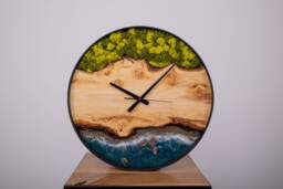 Wooden Wall Clock With Moss, Green Moss Scandinavian Home Decor, Resin Wood Art - thumbnail 1