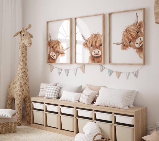 Peeking Highland Cow Nursery Print, Decor, Gift Kids Farm Bedroom Wall Watercolor Digital Print - image 1