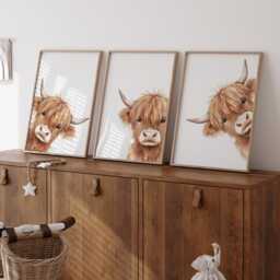 Peeking Highland Cow Nursery Print, Decor, Gift Kids Farm Bedroom Wall Watercolor Digital Print - thumbnail 2