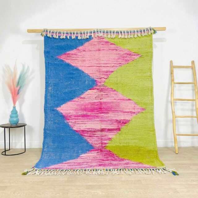 Moroccan Berber Kilim Rug, Handwoven Wool Blue Pink Green Zigzag Patterns, Authentic Beni Ourain Style Carpet, Large Area Rug - image 1