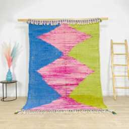 Moroccan Berber Kilim Rug, Handwoven Wool Blue Pink Green Zigzag Patterns, Authentic Beni Ourain Style Carpet, Large Area Rug - thumbnail 1