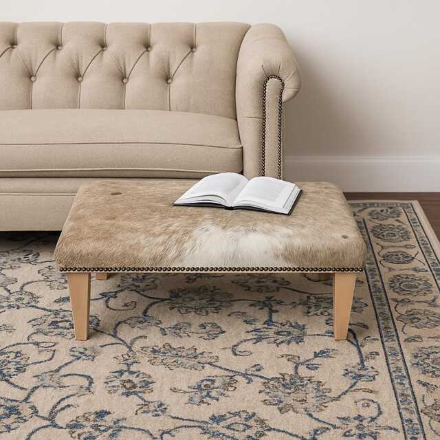 Large Beige & Cream Brindle Cowhide Footstool With Tapered Legs, 305 - image 1