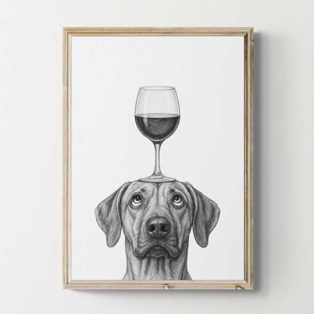 Rhodesian Ridgeback Dog Art Print, Funny & Wine Drawing, Lover Wall Decor, Lovers Gifts - image 1