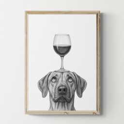 Rhodesian Ridgeback Dog Art Print, Funny & Wine Drawing, Lover Wall Decor, Lovers Gifts - thumbnail 1