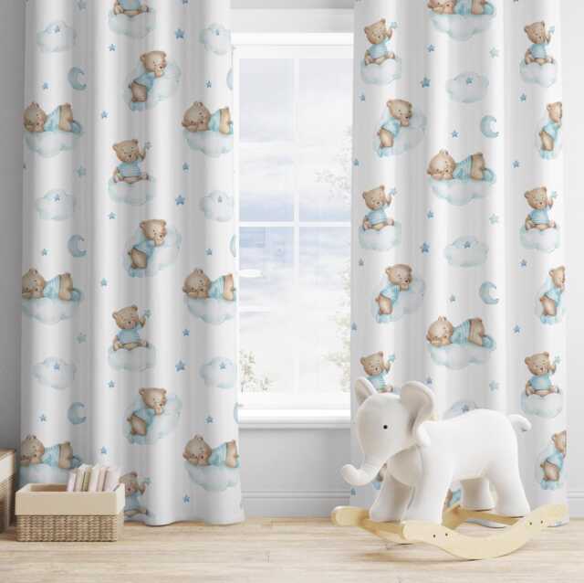 Brown Bears On Clouds - Blue Curtains, W-117cm X L-137cm Nursery Curtains Blackout Or Non Blackout, With Eyelets, Ready To Post - image 1