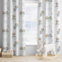 Brown Bears On Clouds - Blue Curtains, W-117cm X L-137cm Nursery Curtains Blackout Or Non Blackout, With Eyelets, Ready To Post