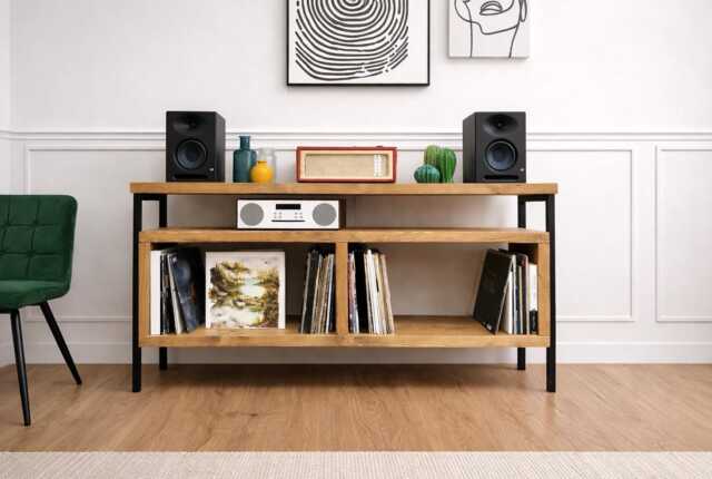 Industrial Record Player Stand Solid Wood Vinyl Storage, Steel Frame - image 1