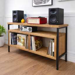 Industrial Record Player Stand Solid Wood Vinyl Storage, Steel Frame - thumbnail 3