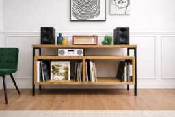 Industrial Record Player Stand Solid Wood Vinyl Storage, Steel Frame - thumbnail 1