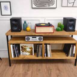Industrial Record Player Stand Solid Wood Vinyl Storage, Steel Frame - thumbnail 2