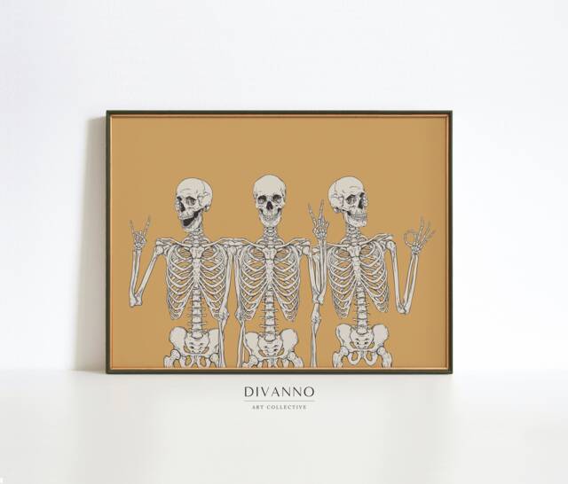 Funny Skeletons Party Wall Decor, Halloween Orange Print, Gothic Canvas, Modern Peace Sign Poster, Printable Skeleton Art, Gift - image 1