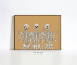 Funny Skeletons Party Wall Decor, Halloween Orange Print, Gothic Canvas, Modern Peace Sign Poster, Printable Skeleton Art, Gift - thumbnail 1