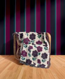 Cotton Woven Blanket, Molly Floral Block Print, Ivory Navy Blue Berry Pink, Bohemian Home Decor, Cozy Throw Gift For Her, Fringe - thumbnail 1