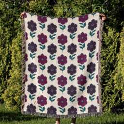Cotton Woven Blanket, Molly Floral Block Print, Ivory Navy Blue Berry Pink, Bohemian Home Decor, Cozy Throw Gift For Her, Fringe - thumbnail 2
