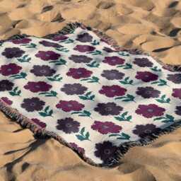 Cotton Woven Blanket, Molly Floral Block Print, Ivory Navy Blue Berry Pink, Bohemian Home Decor, Cozy Throw Gift For Her, Fringe - thumbnail 3