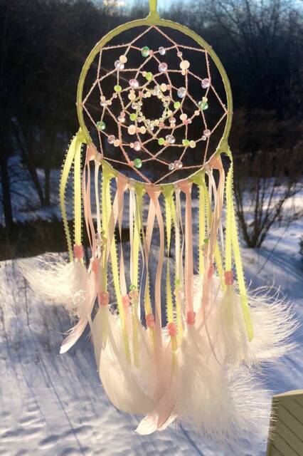 Pink & Green Beaded Dream Catcher, Nursery Decor Wall Hanging, Girls Bedroom Decor, Boho Chic Crystal Glass Feather Dreamcatcher - image 1