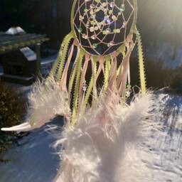 Pink & Green Beaded Dream Catcher, Nursery Decor Wall Hanging, Girls Bedroom Decor, Boho Chic Crystal Glass Feather Dreamcatcher - thumbnail 2