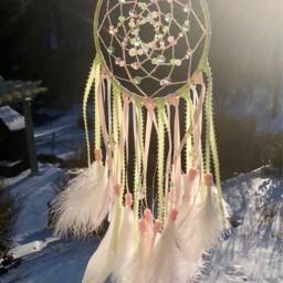 Pink & Green Beaded Dream Catcher, Nursery Decor Wall Hanging, Girls Bedroom Decor, Boho Chic Crystal Glass Feather Dreamcatcher - thumbnail 4