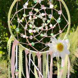 Pink & Green Beaded Dream Catcher, Nursery Decor Wall Hanging, Girls Bedroom Decor, Boho Chic Crystal Glass Feather Dreamcatcher - thumbnail 3