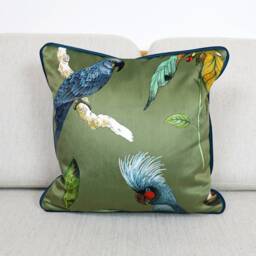 Olive Green Velvet Tropical Cockatoo Cushion Covers Botanical Jungle Birds With Contrast Teal Blue Piping By Ashley Wilde - thumbnail 3