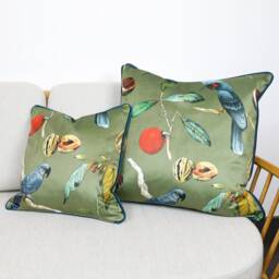 Olive Green Velvet Tropical Cockatoo Cushion Covers Botanical Jungle Birds With Contrast Teal Blue Piping By Ashley Wilde - thumbnail 2