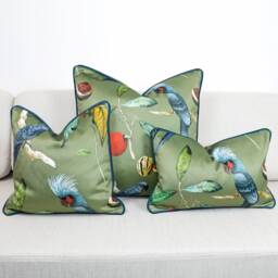 Olive Green Velvet Tropical Cockatoo Cushion Covers Botanical Jungle Birds With Contrast Teal Blue Piping By Ashley Wilde