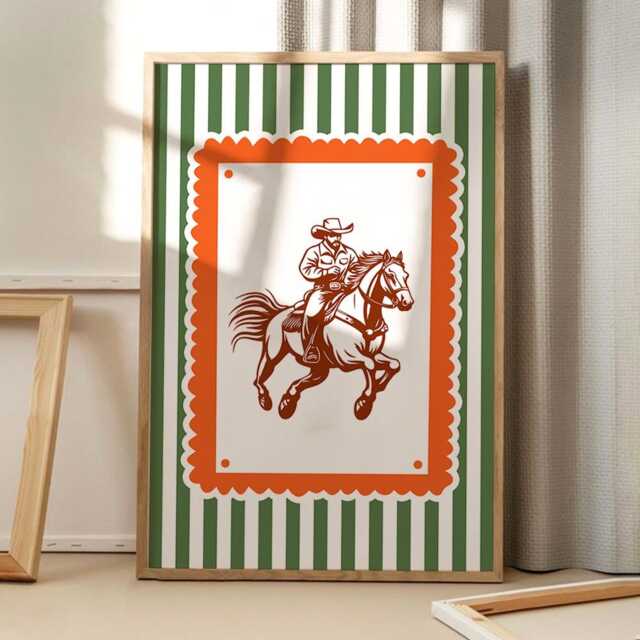 striped Cowboy Riding Art Canvas Poster, Trendy Wall Art, Girls Aesthetic Decor, Retro Home Printed Gift - image 1