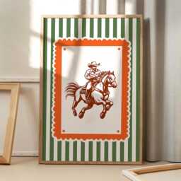 striped Cowboy Riding Art Canvas Poster, Trendy Wall Art, Girls Aesthetic Decor, Retro Home Printed Gift - thumbnail 1