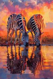 Two Zebra Drinking Water At Sunset Canvas Picture Print Framed Wall Art
