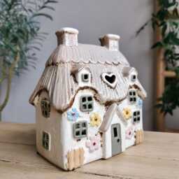 Large Cream Thatched Cottage Tea Light Holder With Embossed Flowers - thumbnail 3