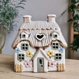 Large Cream Thatched Cottage Tea Light Holder With Embossed Flowers - thumbnail 2