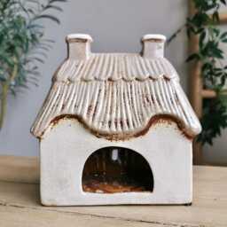 Large Cream Thatched Cottage Tea Light Holder With Embossed Flowers - thumbnail 4