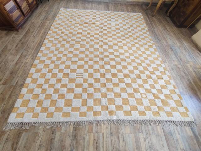 Handmade Wool Checkerboard Rug, Ivory & Orange Moroccan Berber Style - image 1