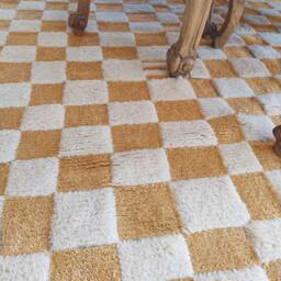 Handmade Wool Checkerboard Rug, Ivory & Orange Moroccan Berber Style - thumbnail 2