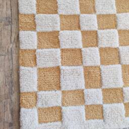 Handmade Wool Checkerboard Rug, Ivory & Orange Moroccan Berber Style - thumbnail 3