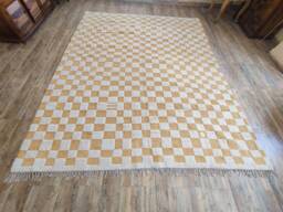 Handmade Wool Checkerboard Rug, Ivory & Orange Moroccan Berber Style - thumbnail 1