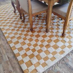 Handmade Wool Checkerboard Rug, Ivory & Orange Moroccan Berber Style - thumbnail 4