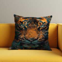 Fierce Tiger Face Cushion Cover, Wild Jungle Animal Art Pillow Cover With Intense Eyes, Striking Orange & Teal Home Decor