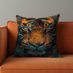 Fierce Tiger Face Cushion Cover, Wild Jungle Animal Art Pillow Cover With Intense Eyes, Striking Orange & Teal Home Decor - thumbnail 2