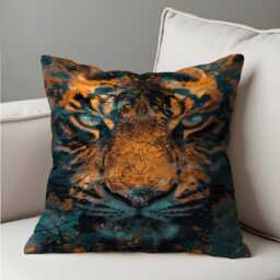 Fierce Tiger Face Cushion Cover, Wild Jungle Animal Art Pillow Cover With Intense Eyes, Striking Orange & Teal Home Decor - thumbnail 4