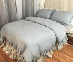 Duck Egg Blue Ruffle Linen Duvet Cover Features Easy Flow Ruffles, Shabby Chic Bedding, Custom Bedding