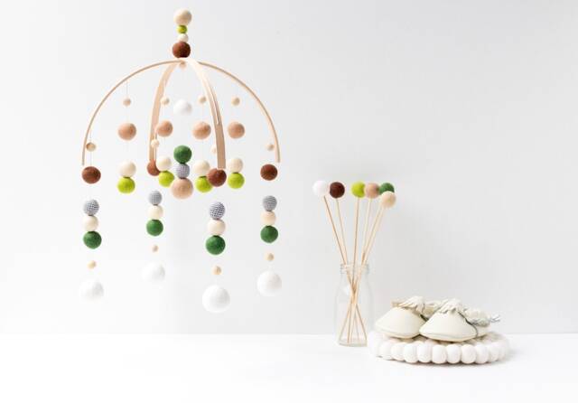 Woodland Baby Mobile - Gender Neutral Felt Pom Crib Forest Friends Minimalist Nursery Cot Green Ceiling Decor - image 1
