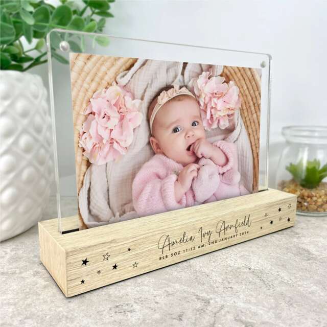 Personalised Baby Photo Frame With Wooden Base - Stars Design - image 1