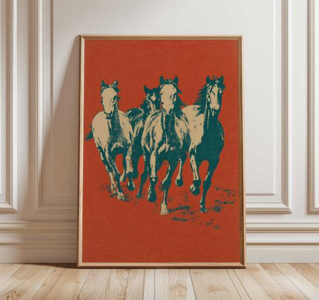 Wild Horse Wall Art Poster, Vintage Western Style Mustang Print, Desert Running Horses Illustration - image 1